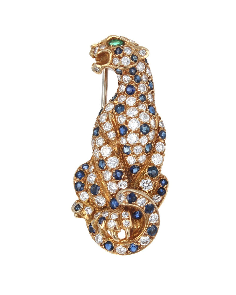 Sapphire and Diamond Leopard Pin Brooch