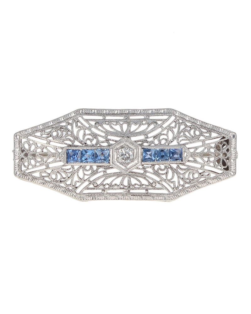 Vintage European Diamond and Sapphire Filigree Pin