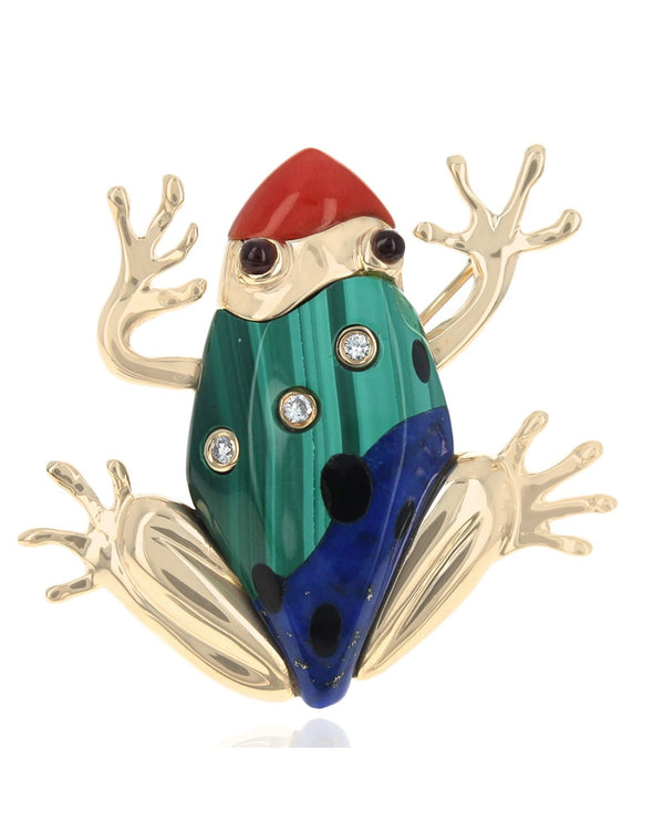 Mixed Gemstone Inlay Frog Brooch