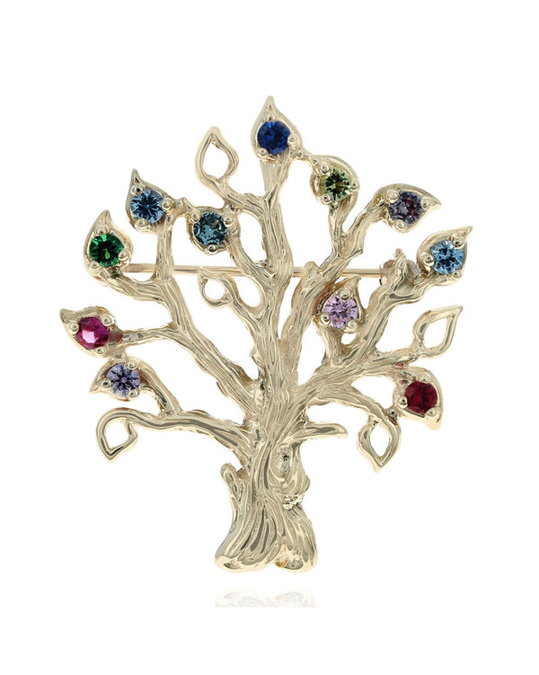 Multi-Colored Imitation Gemstone Tree Pin/Pendant in Yellow Gold