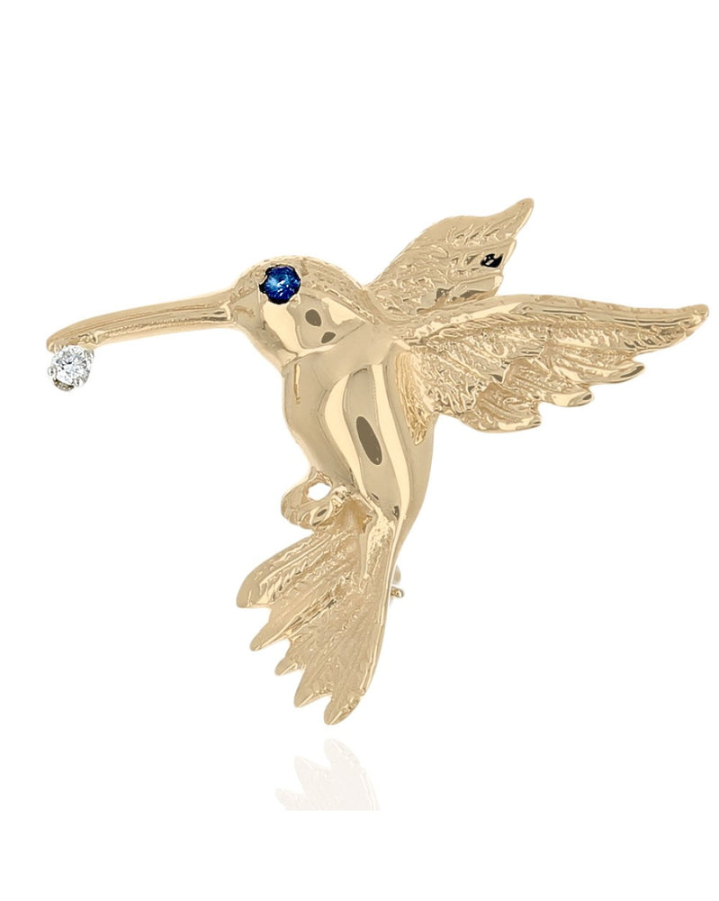 Blue Sapphire and Diamond Hummingbird Pin in White and Yellow Gold