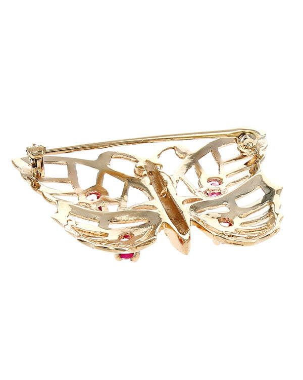 Synthetic Ruby Open Cut Butterfly Pin in Yellow Gold