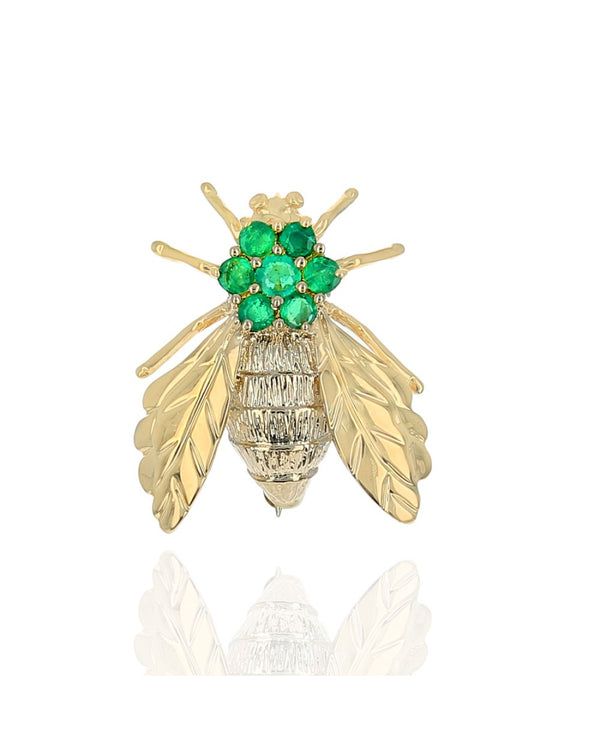 Emerald Etched Bee Pin in Yellow Gold