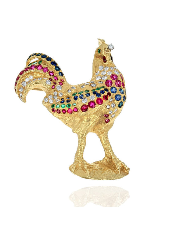 Ruby, Sapphire, Emerald and Diamond Rooster Brooch