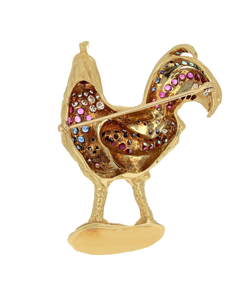 Ruby, Sapphire, Emerald and Diamond Rooster Brooch