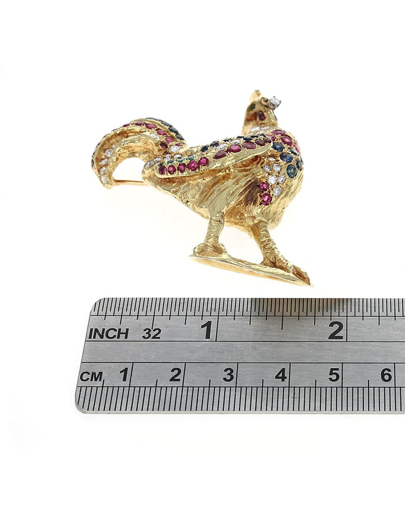 Ruby, Sapphire, Emerald and Diamond Rooster Brooch