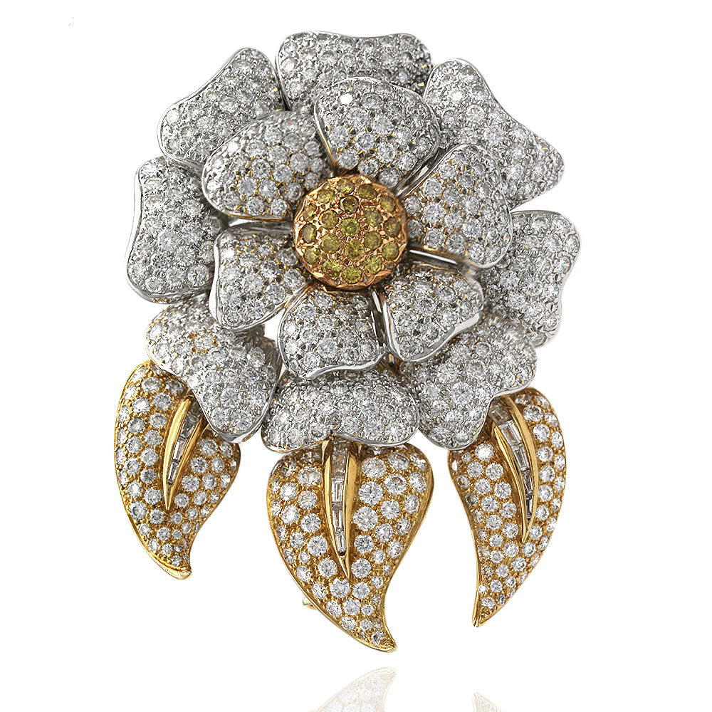 Fancy Yellow and White Diamond Pave Flower Brooch