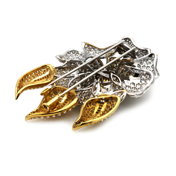 Fancy Yellow and White Diamond Pave Flower Brooch