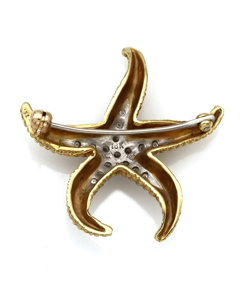 Round Diamond Starfish Pin in Two-Tone Platinum and 18k Yellow Gold