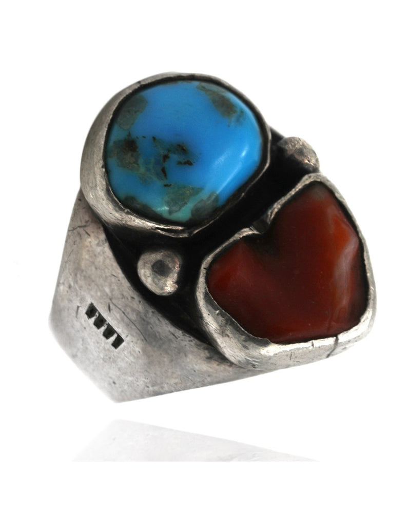 Navajo Sterling Silver Turquoise & Coral Ring