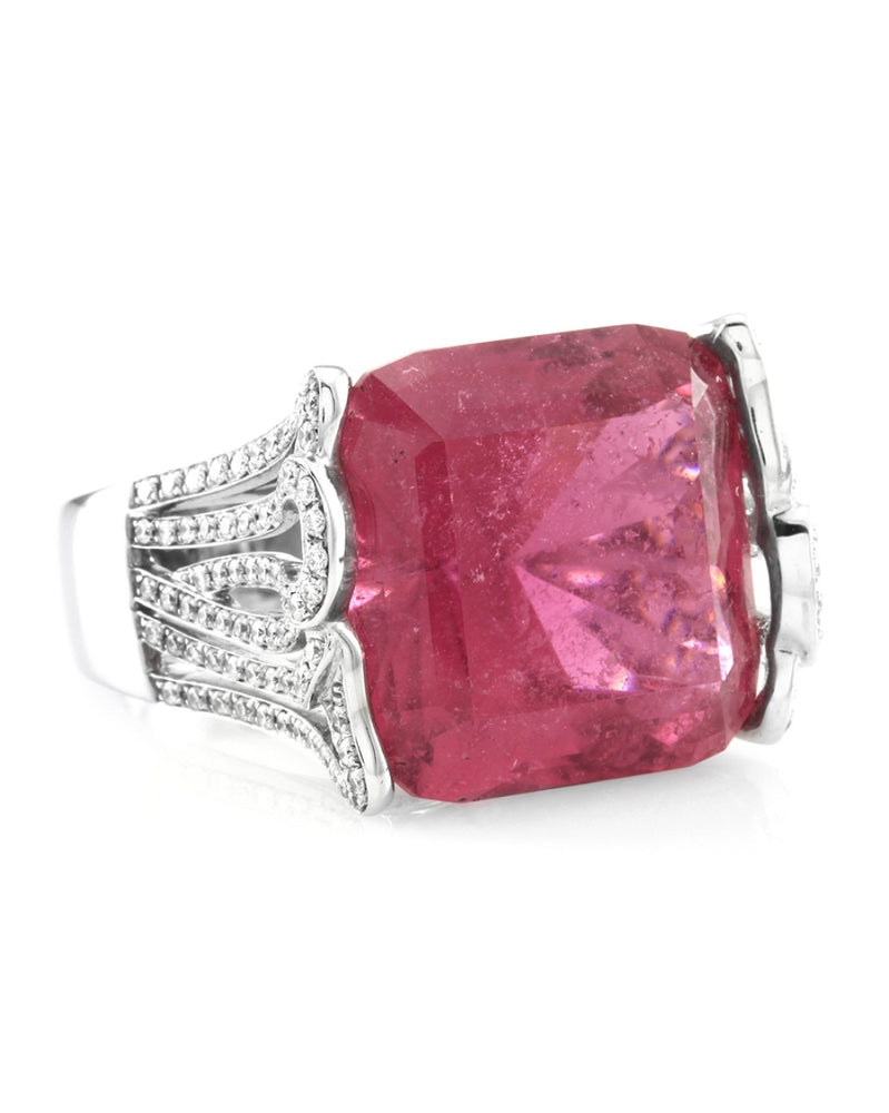 Pink Rubellite Tourmaline & Diamond Cocktail Ring in 18K White Gold