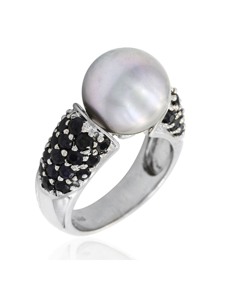 11.3mm Gray Pearl and 1.52ctw Pave Black Diamond Ring in 14K White Gold