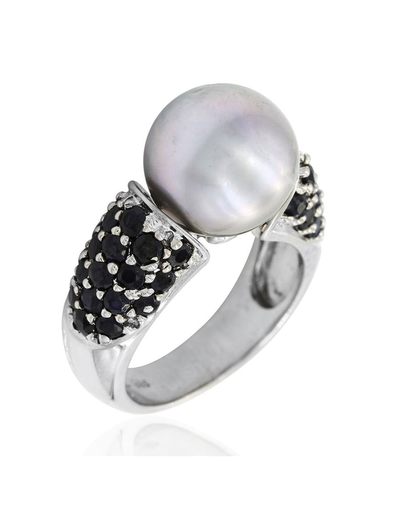 11.3mm Gray Pearl and 1.52ctw Pave Black Diamond Ring in 14K White Gold