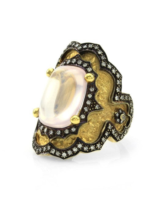 Rose Quartz and Pave Diamond Ring in Gold