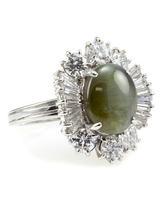 Cat's Eye Chrysoberyl Cabochon & Diamond Ballerina Ring in 18K White Gold