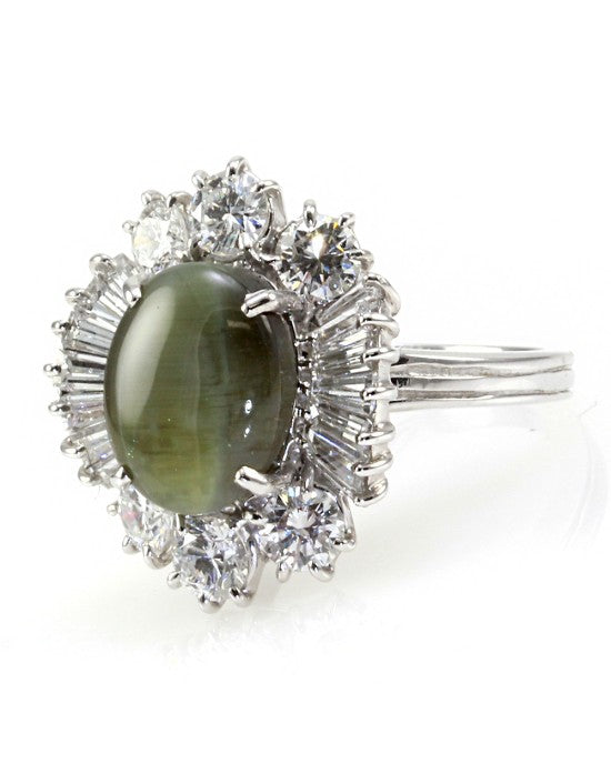 Cat's Eye Chrysoberyl Cabochon & Diamond Ballerina Ring in 18K White Gold