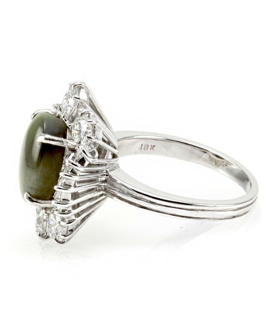 Cat's Eye Chrysoberyl Cabochon & Diamond Ballerina Ring in 18K White Gold