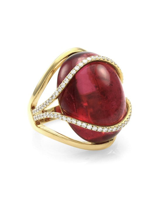 Rubellite Pink Tourmaline and Pave Diamond Ring in Gold