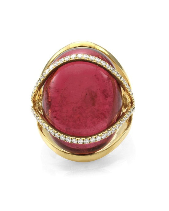 Rubellite Pink Tourmaline and Pave Diamond Ring in Gold