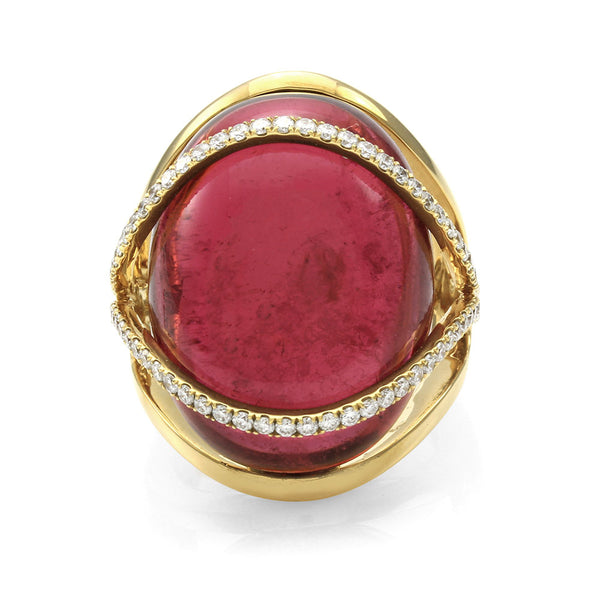 Rubellite Pink Tourmaline and Pave Diamond Ring in Gold