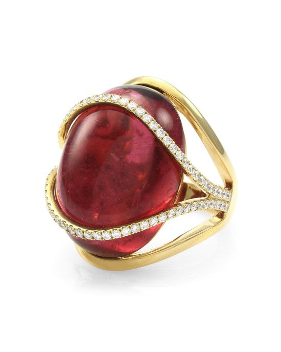 Rubellite Pink Tourmaline and Pave Diamond Ring in Gold