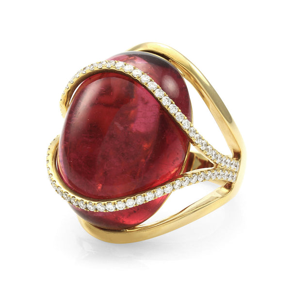 Rubellite Pink Tourmaline and Pave Diamond Ring in Gold