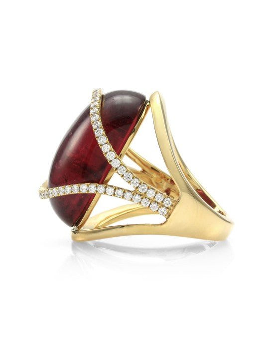 Rubellite Pink Tourmaline and Pave Diamond Ring in Gold