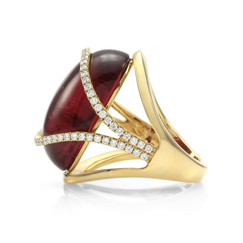 Rubellite Pink Tourmaline and Pave Diamond Ring in Gold