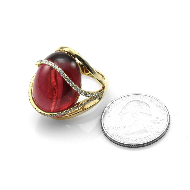 Rubellite Pink Tourmaline and Pave Diamond Ring in Gold