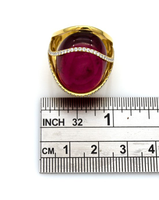 Rubellite Pink Tourmaline and Pave Diamond Ring in Gold