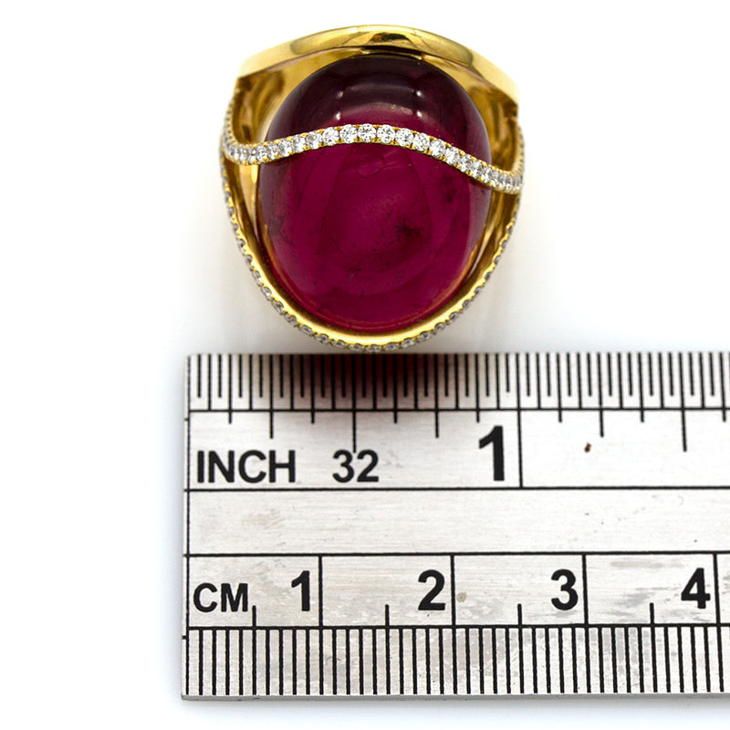 Rubellite Pink Tourmaline and Pave Diamond Ring in Gold