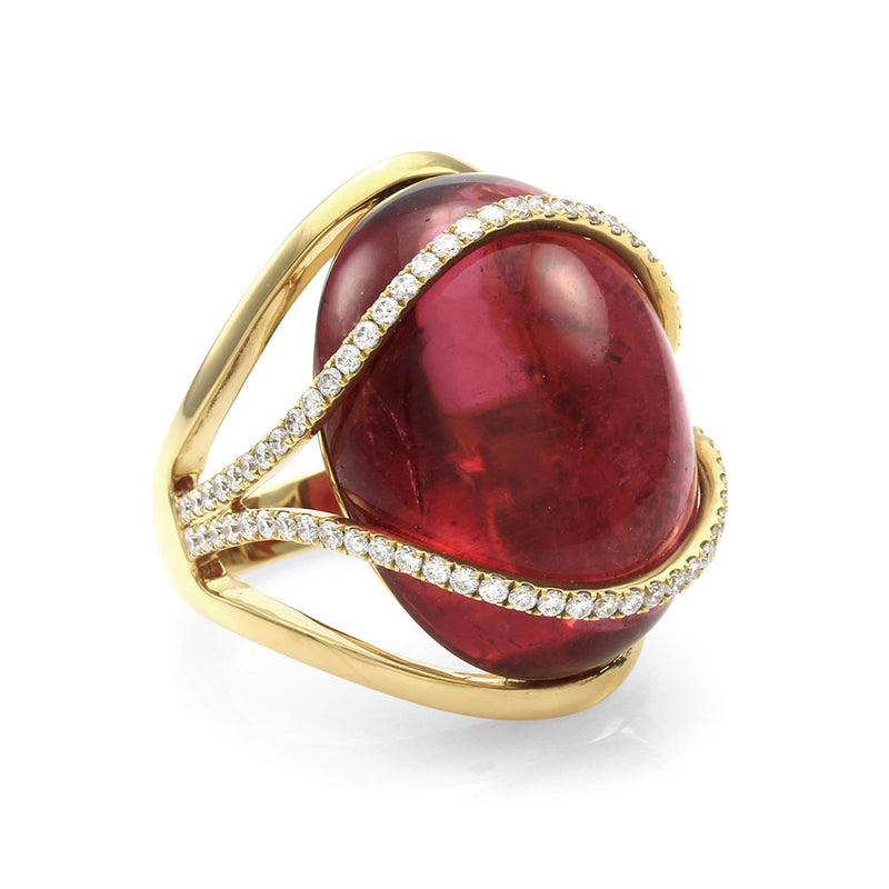 Rubellite Pink Tourmaline and Pave Diamond Ring in Gold