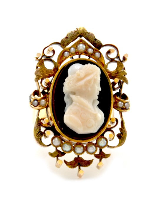 Antique Cameo Ring with Seed Pearls in 12K/ 14K Yellow Gold