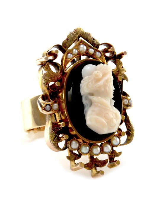 Antique Cameo Ring with Seed Pearls in 12K/ 14K Yellow Gold