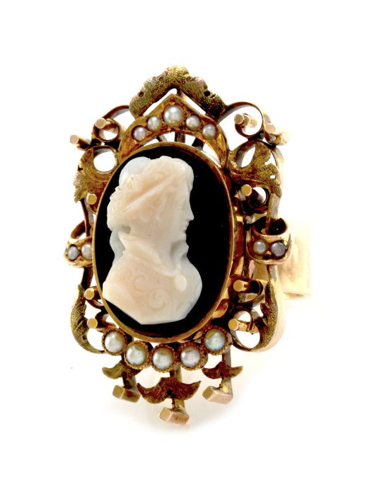 Antique Cameo Ring with Seed Pearls in 12K/ 14K Yellow Gold