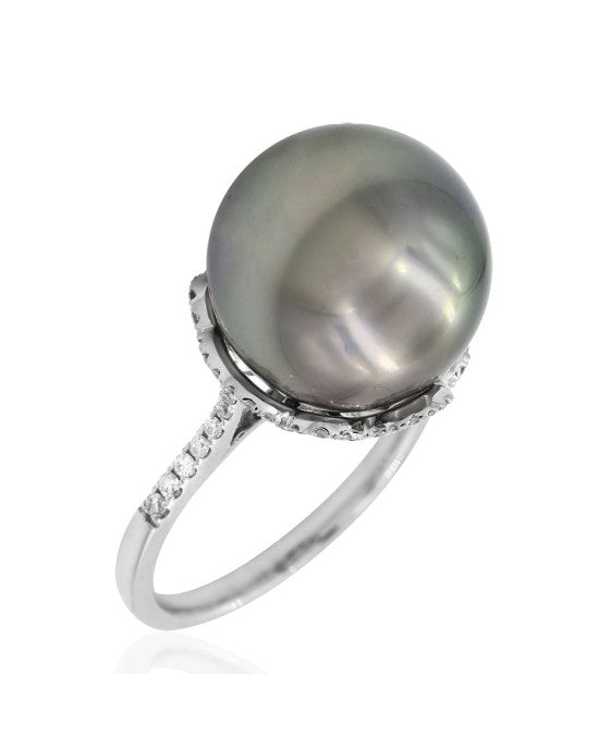 13.9mm Tahitian Pearl and 0.45ctw Pave Diamond Ring in 18K White Gold