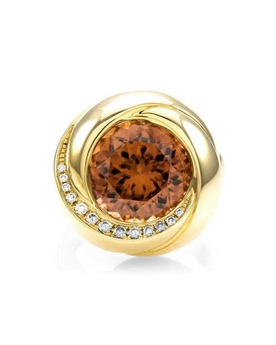 9.90ct Fancy Cut Orange Zircon and 0.12ctw Pave Diamond Ring in 18K Yellow Gold