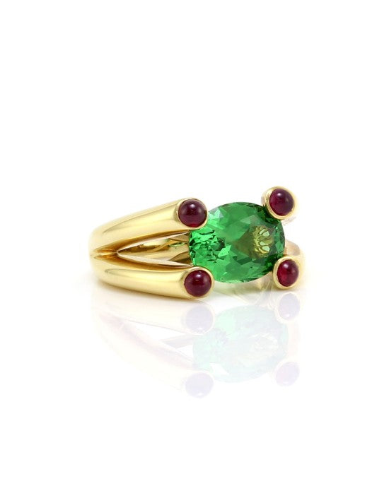 Tsavorite and Ruby Cabochon Ring in Gold