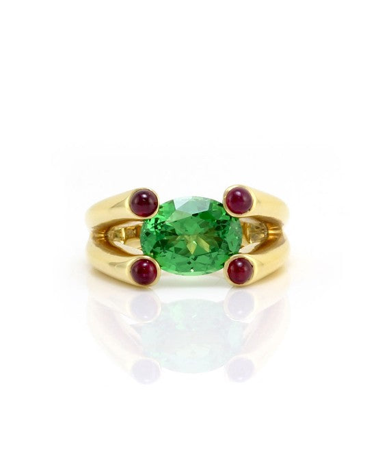 Tsavorite and Ruby Cabochon Ring in Gold