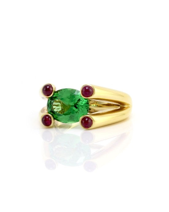 Tsavorite and Ruby Cabochon Ring in Gold