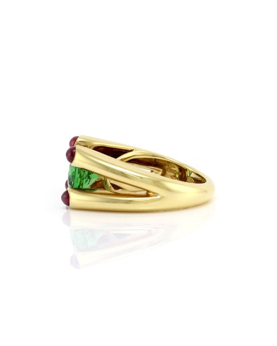 Tsavorite and Ruby Cabochon Ring in Gold