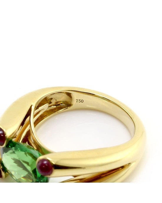 Tsavorite and Ruby Cabochon Ring in Gold