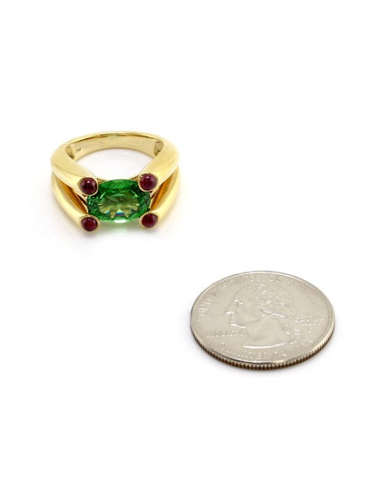 Tsavorite and Ruby Cabochon Ring in Gold