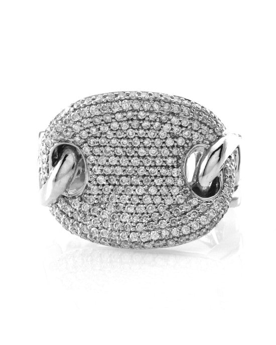 Pave Diamond Cluster Ring with Curb Link Details in 14K White Gold