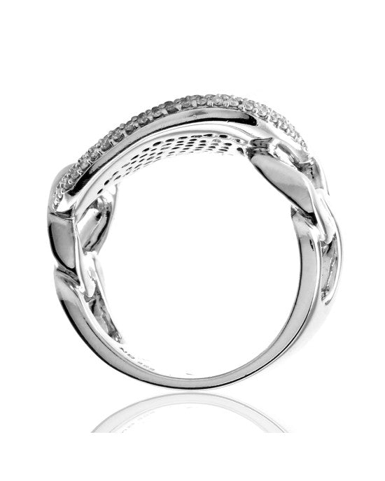 Pave Diamond Cluster Ring with Curb Link Details in 14K White Gold