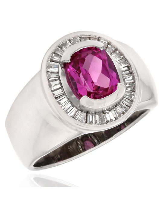 Pink Sapphire and Baguette Diamond Ring