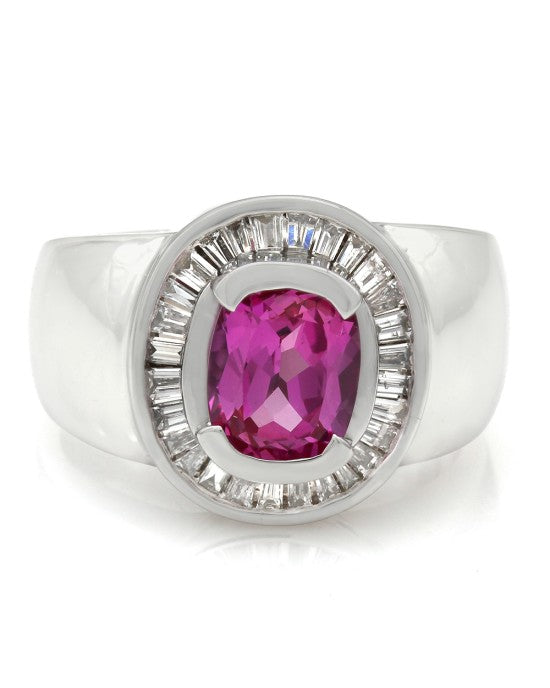 Pink Sapphire and Baguette Diamond Ring