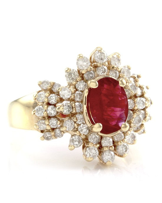 Genuine Ruby Ring & Diamond Cluster Halo in 14K Yellow Gold