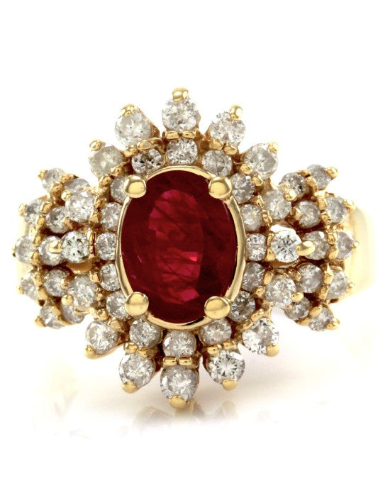 Genuine Ruby Ring & Diamond Cluster Halo in 14K Yellow Gold