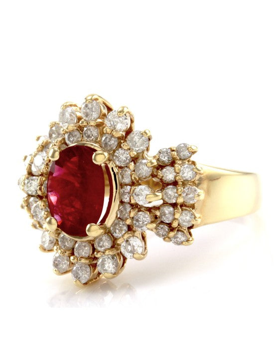 Genuine Ruby Ring & Diamond Cluster Halo in 14K Yellow Gold